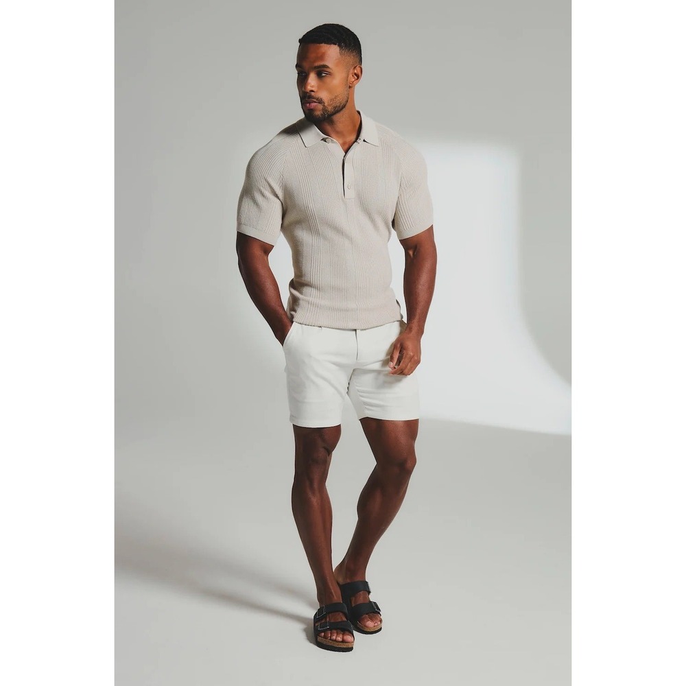 Tailored Athlete Mens Vertical Stripe Knitted Polo Shirt Sand Beige Size M NWT
